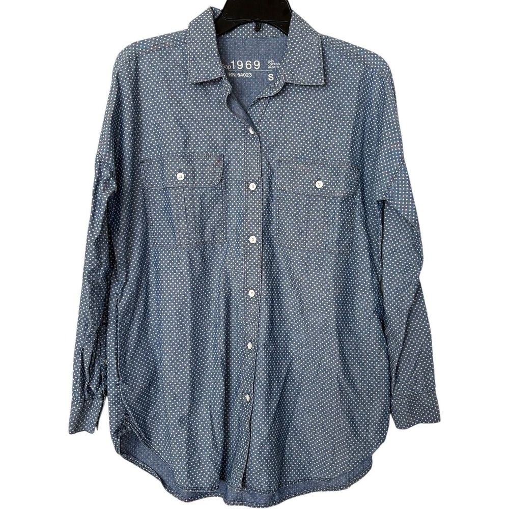 Gap Womens S Button Down Shirt Blue  Chambray White Polka Dot Cotton Minimalist